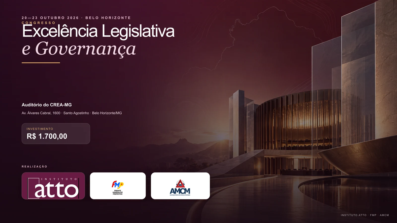 Congresso Excelência Legislativa e Governança, de 20 a 23 de outubro de 2026, no Auditório do CREA-MG